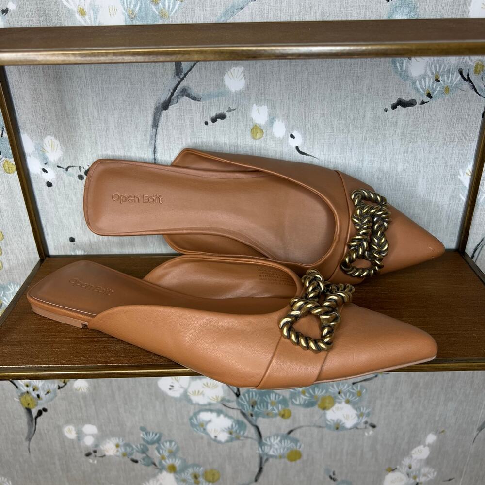 Open Edit Cognac Pointed Toe Mule Slide Shoes with Metal Bow- Size 9.5